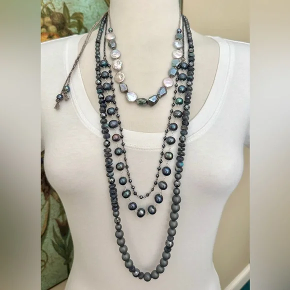 $285 NEW Chan Luu Peacock Pearl/Black Leather w Baroque Details Necklace ~Boho 🌺